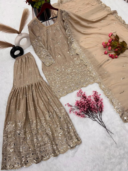Beige Colour SR 1616 Embroidery Chinon Silk Readymade Sharara Suits Wholesalers In Surat